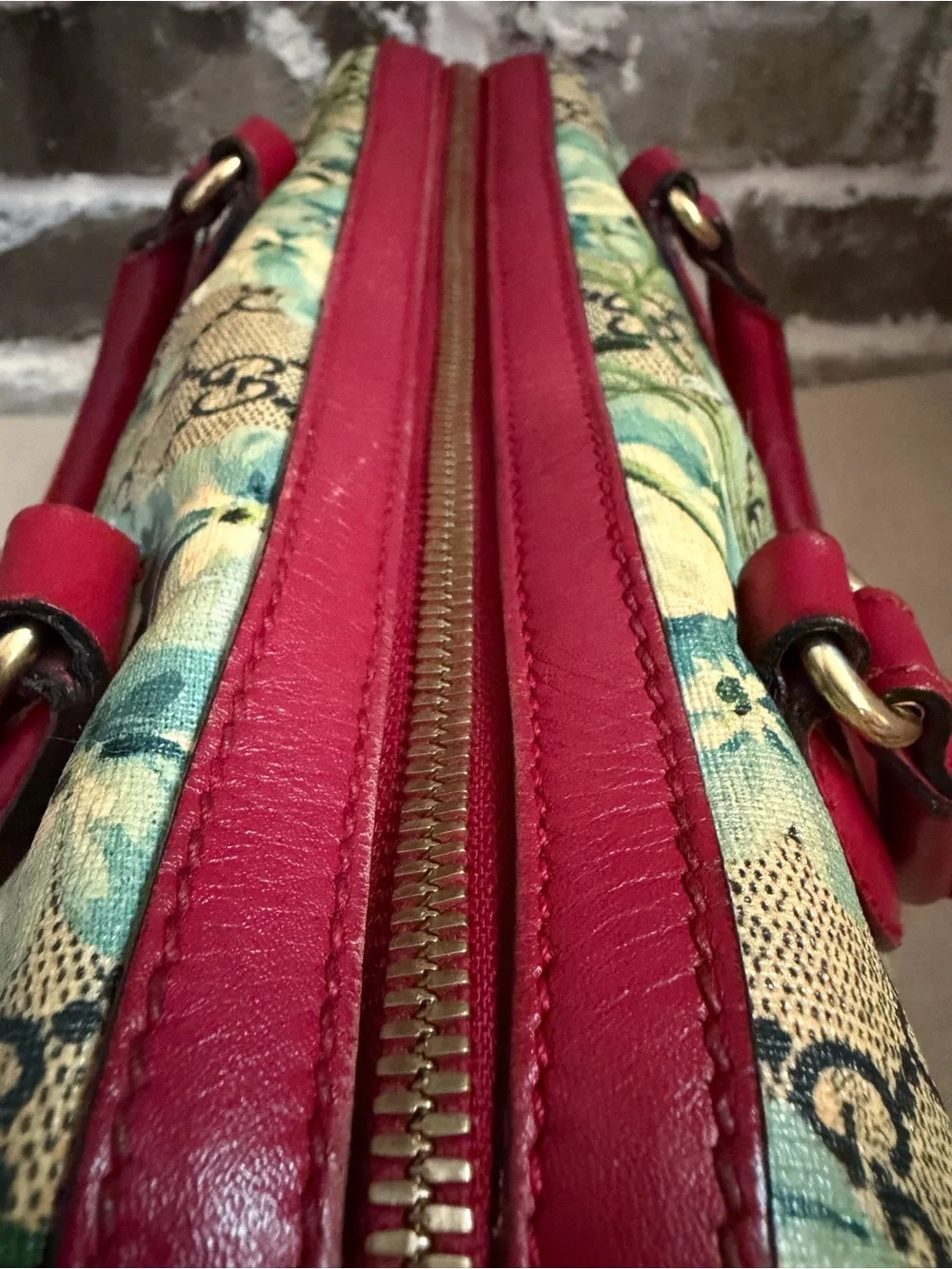 Gucci Floral GG Supreme Canvas Satchel with Red Leather Trim